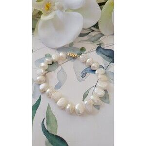 Baroque Pearl Bracelet 14K Yellow Gold Clasp, Signed JCM Jacmel Jewelry